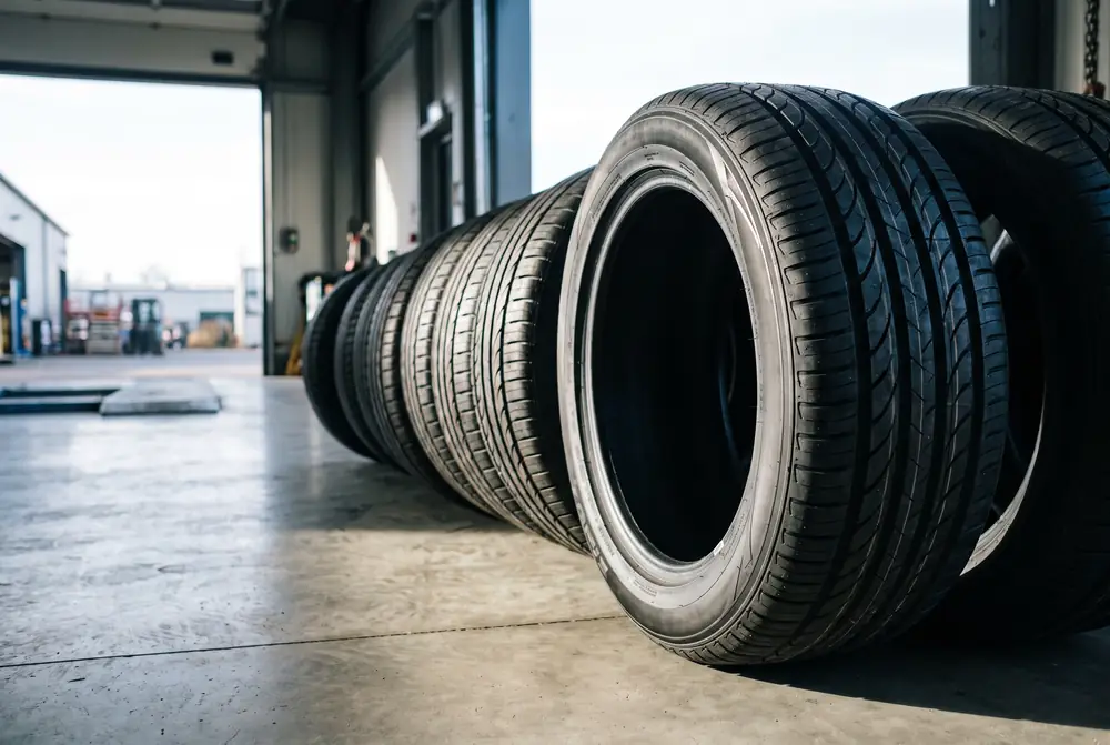 A rack of new tires in the service bay