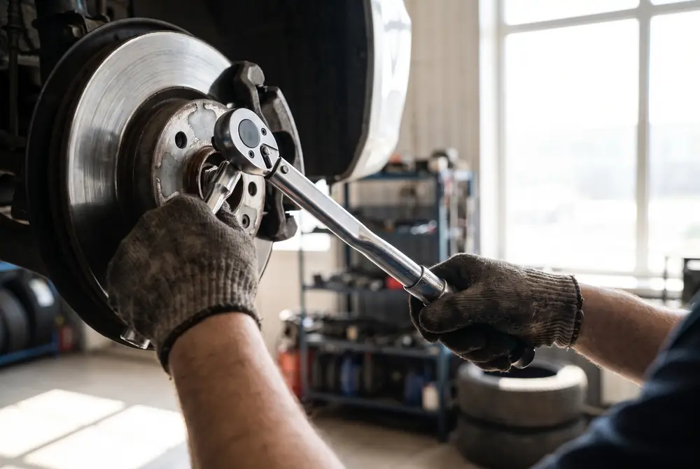 Hands working on a brake assembly